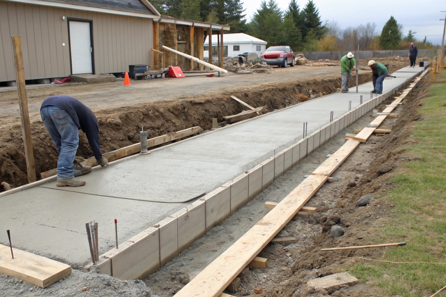Completed strip footings installation showing continuous concrete foundation ready for wall construction
