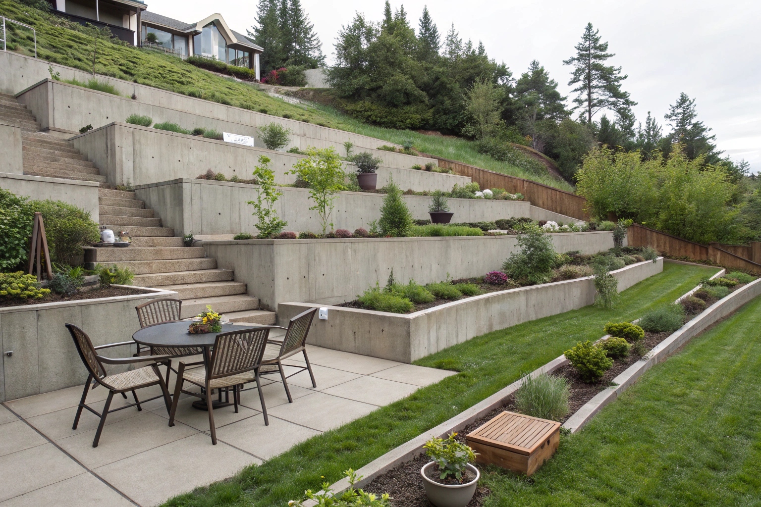 Multi-level concrete retaining walls creating terraced outdoor living spaces in Canberra