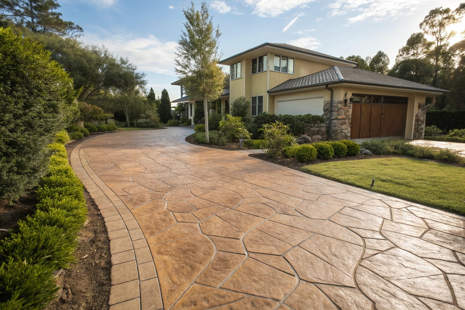 Stamped concrete driveway with natural stone pattern in Canberra home