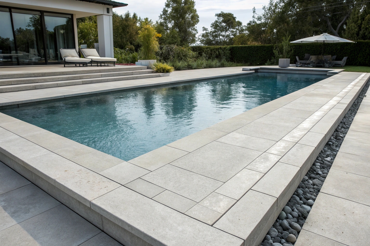 Professional concrete pool coping and surroundings showing a clean transition between the swimming pool edge and the concrete deck