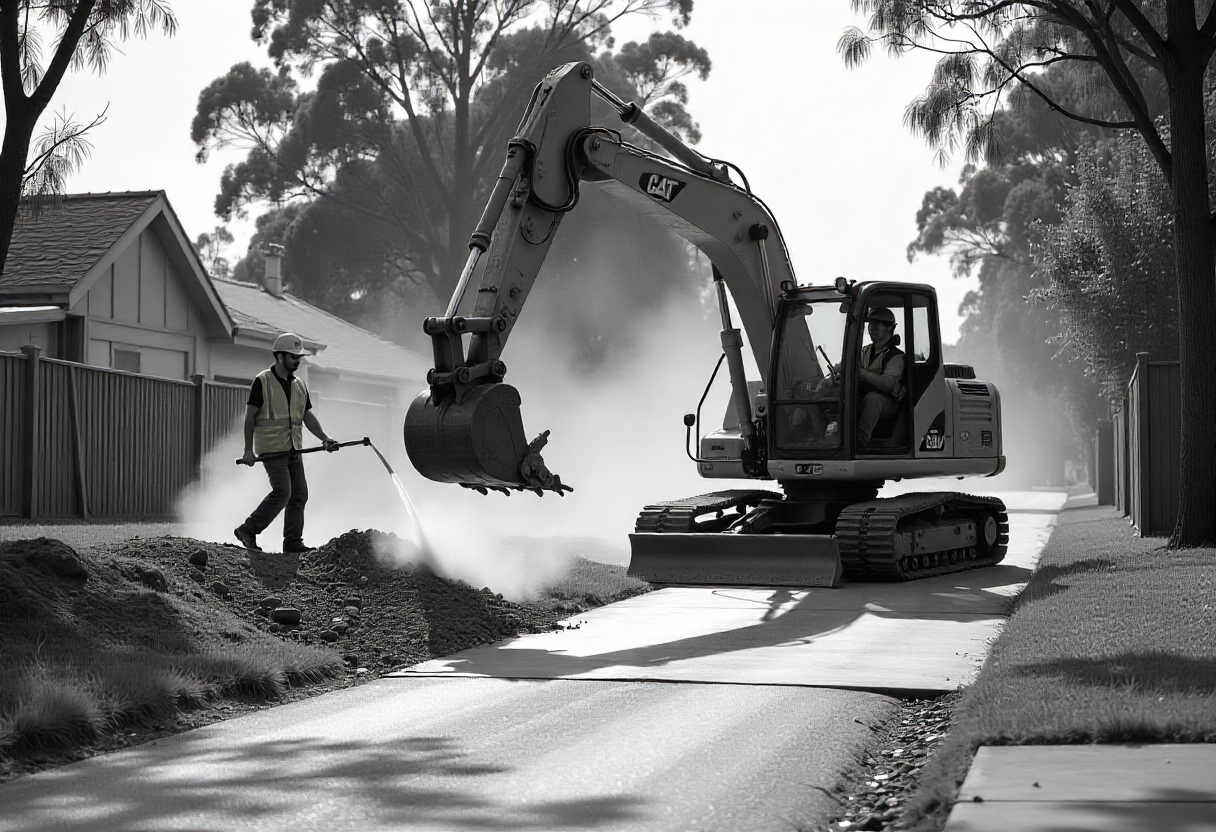 Professional concrete demolition crew using hydraulic excavator with breaker attachment removing concrete driveway, dust suppression system spraying water, safety barriers around work area, suburban Canberra neighborhood with established trees in background, workers wearing high-vis safety gear and hard hats, realistic photography style