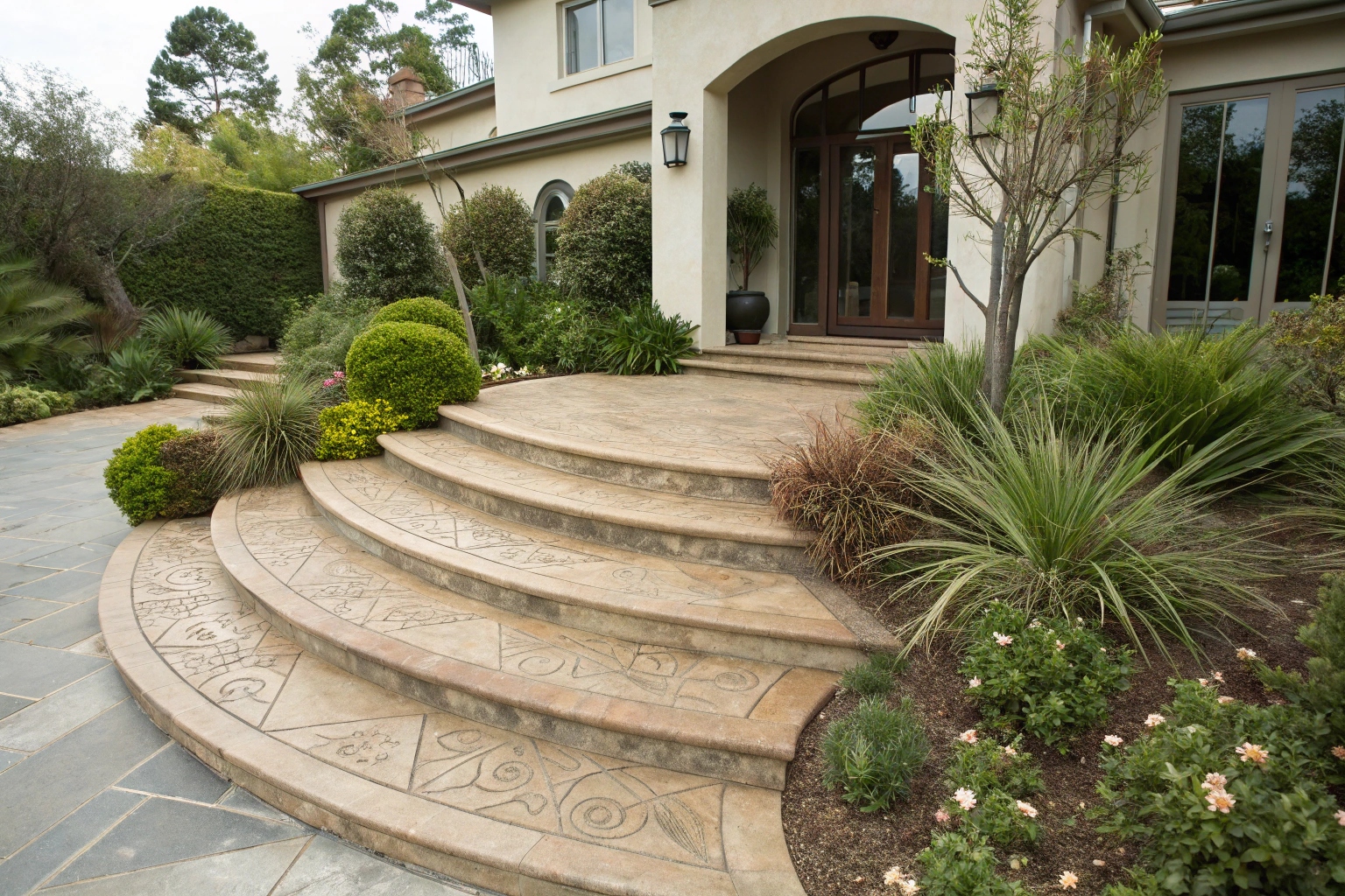 Decorative stamped concrete steps with curved design at a Canberra residential property